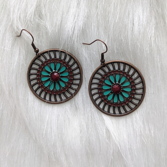 Boho bronze red & turquoise round flower earrings - Picture 2 of 2